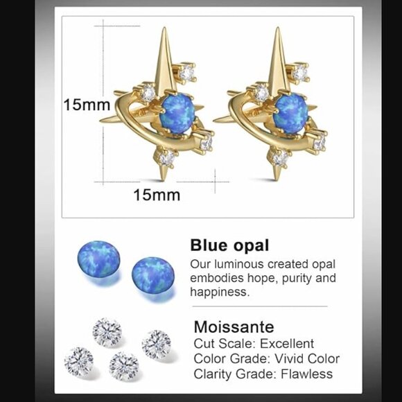 Opalite Sky Moissanite Star Earrings 925 Sterling Silver Gold Plated Studs NWT - Picture 5 of 7